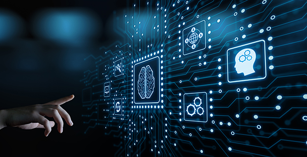 Eine Hand, die auf einen dunklen Bildschirm mit einem beleuchtetem neuronalen Netzwerk mit verschiedenen Symbolen für maschinelles Lernen weist.