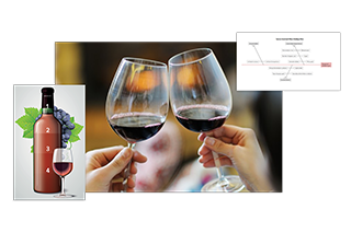 Zwei Hände mit Weingläsern mit Rotwein, die anstoßen, mit einer Produktionsprozesskarte und einer Tabelle zur Qualitätskontrolle.