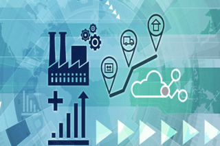 Symbolcollage mit Icons für Fabrik, Roadmap, Cloud-Netzwerk und Gewinnsteigerung.