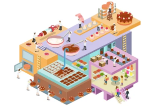 Clipart mit kleinen Bäckern an einer großen Fertigungsstraße in einer Bäckerei, die gemeinsam Kuchen backen.