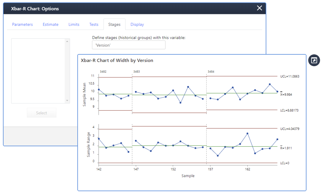 Xbar-R Chart Option dialog and Xbar-R Chart of Width by Version